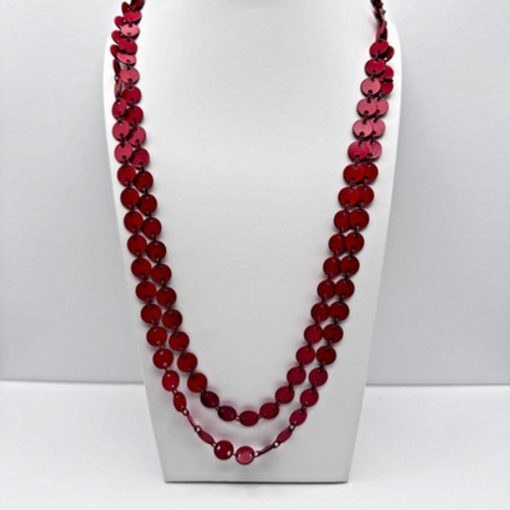 Vintage 90s Red Enamel Disc Long Chain Necklace Bronze Tone Women's Jewelry